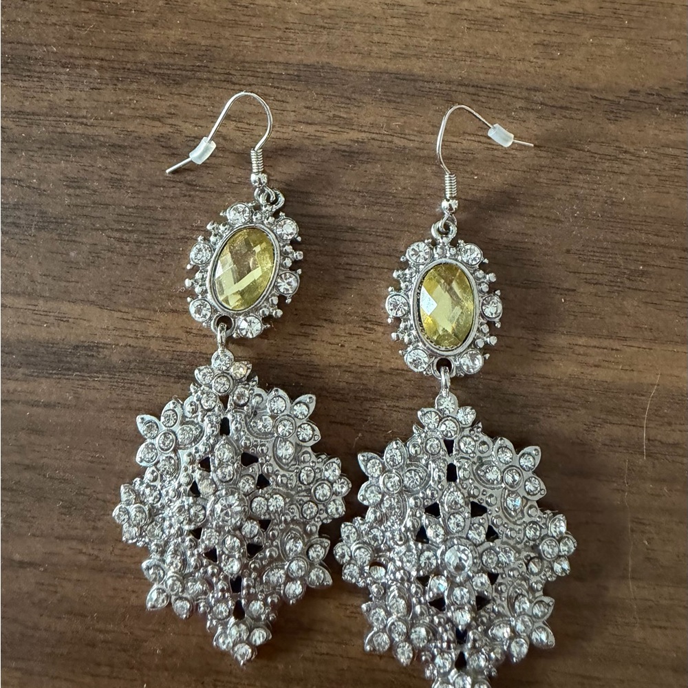 Elegant Silver and Yellow Costume Earrings